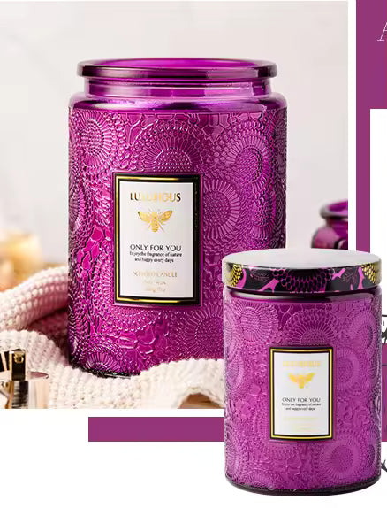 400g Multi-Color Luxury Decorative Scented Candle in Embossed Glass Jar with Metal Lid