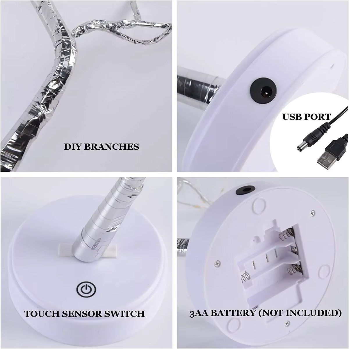 108LED Christmas Silver Branch Star Tree Lights – USB & Battery Powered Indoor Decoration