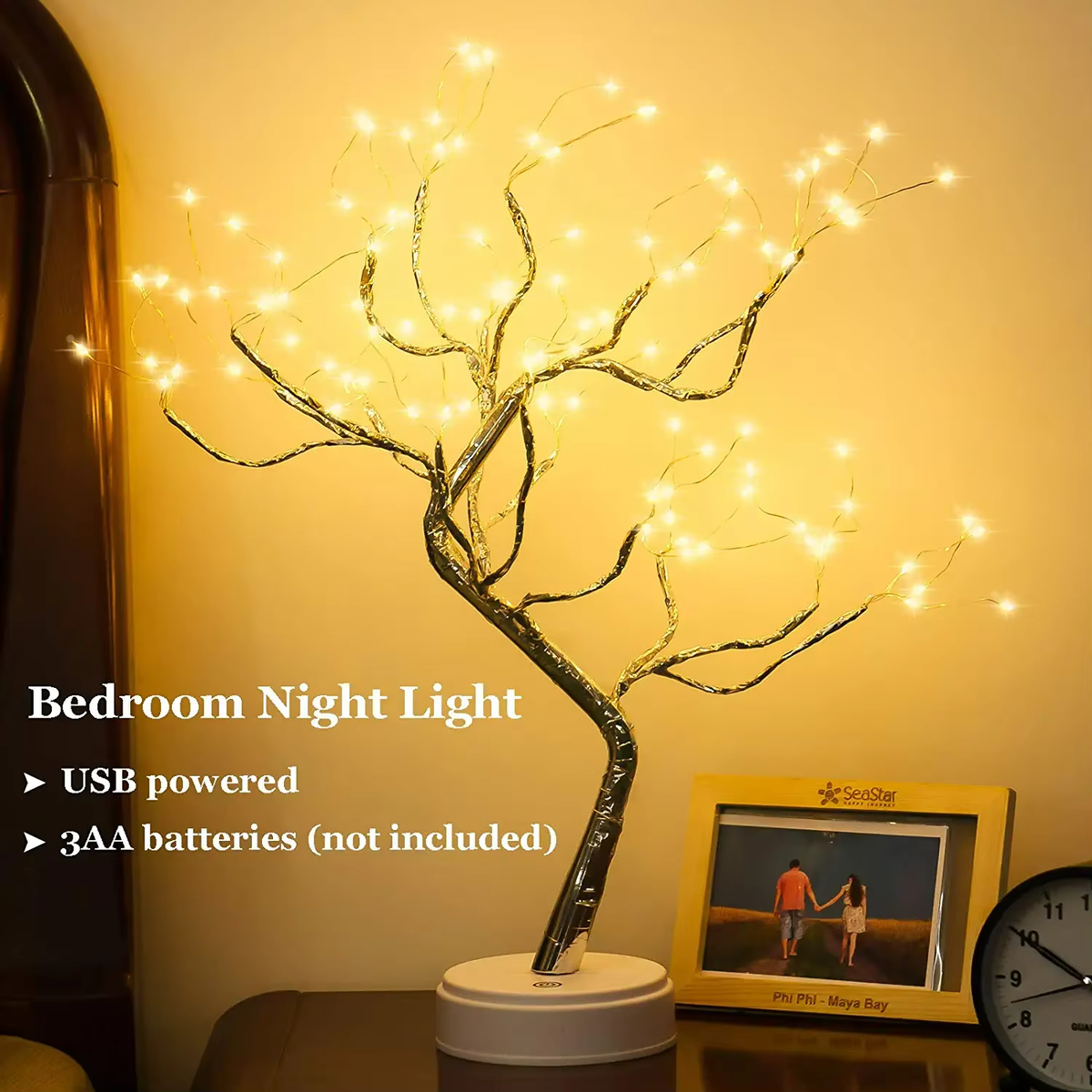 108LED Christmas Silver Branch Star Tree Lights – USB & Battery Powered Indoor Decoration