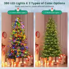 Pre-Lit Artificial Christmas Tree with Multicolored & Warm White LED Lights, 11 Lighting Modes, Remote Control & Timer – 7.5 FT