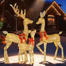 Christmas Lighted Reindeer Family Statue – LED Glowing Deer with Red Bows for Outdoor Yard, Lawn & Holiday Decorations
