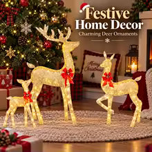 Christmas Lighted Reindeer Family Statue – LED Glowing Deer with Red Bows for Outdoor Yard, Lawn & Holiday Decorations