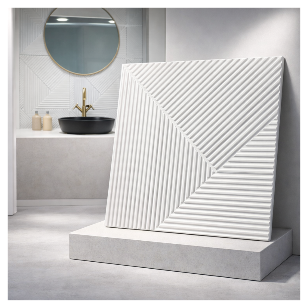 UDK White Geometric 3D PVC Wall Panels – Waterproof Decorative Wall Boards (12 pieces)