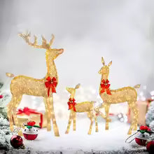 Christmas Lighted Reindeer Family Statue – LED Glowing Deer with Red Bows for Outdoor Yard, Lawn & Holiday Decorations